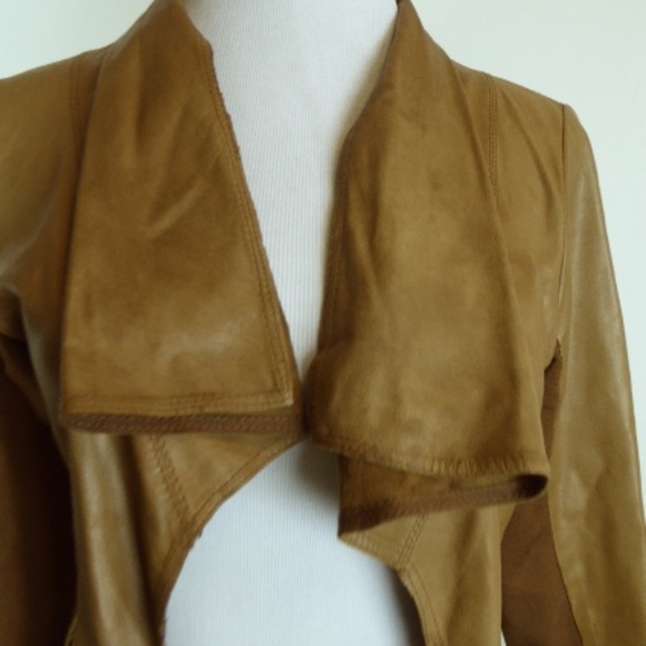 BEBE VICUNA LEATHER brown drape WATERFALL jacket XS vintage boho hippie - Picture 2 of 8